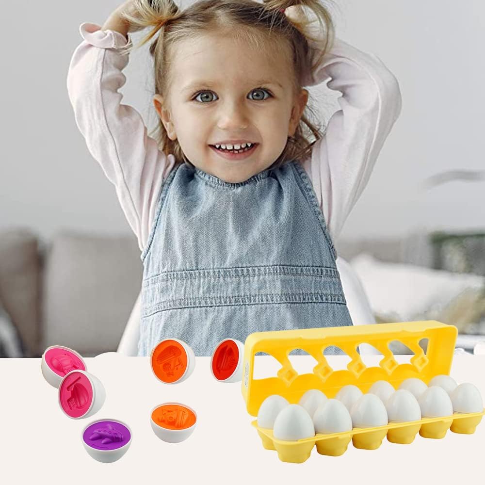 12-Piece Vehicle Car Egg Matching Toy Set with Holder – STEM Educational Shape and Color Puzzle, Ideal for Easter Baskets and Gifts for Kids and Toddlers